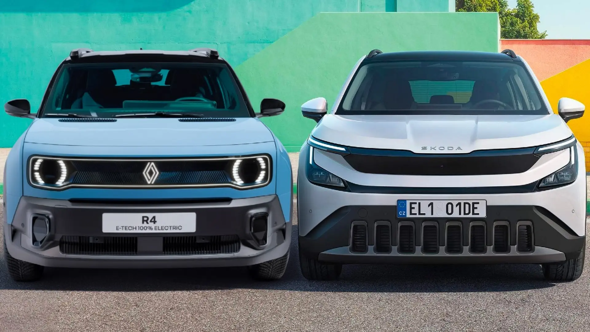 Skoda Epiq et Renault 4 E-Tech côte à côte, comparaison des deux citadines électriques